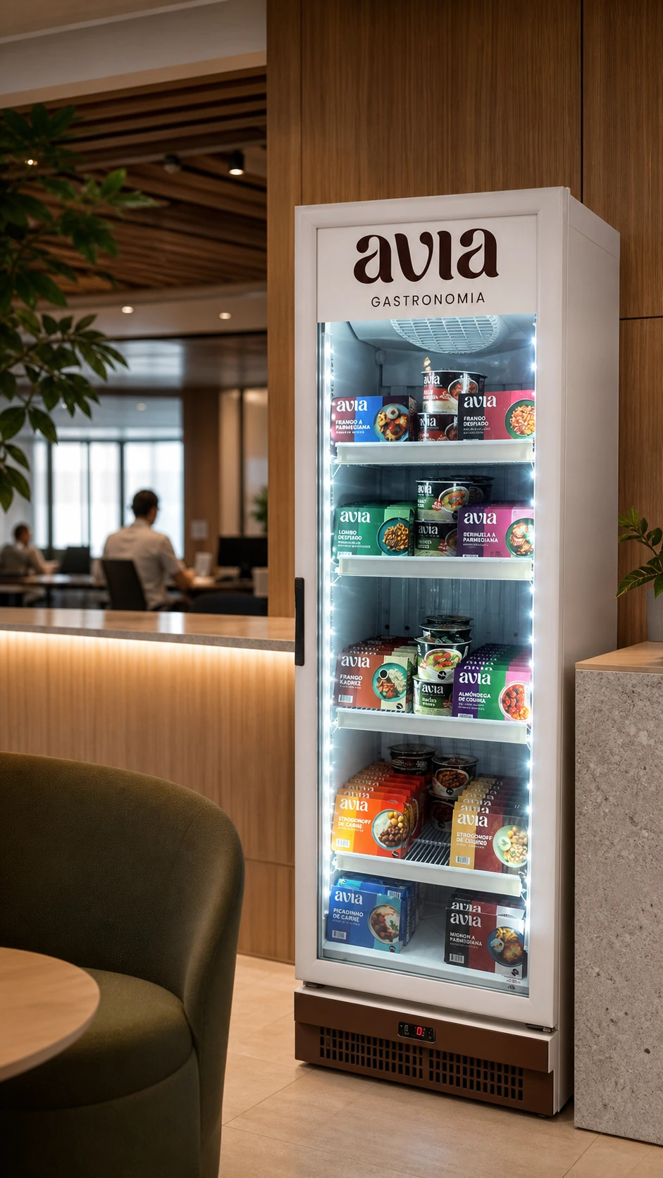 Produtos Avia organizados em freezer vertical em ambiente sofisticado