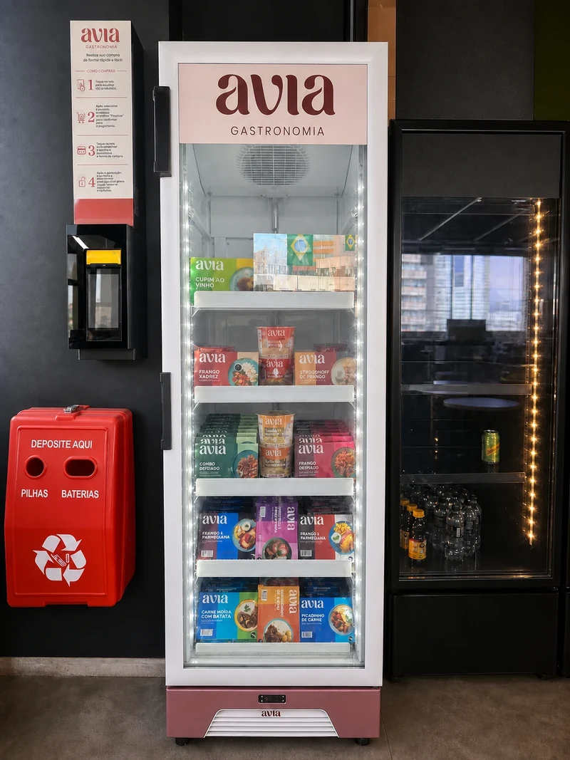 Freezer vertical Avia abastecido em minimercado autônomo