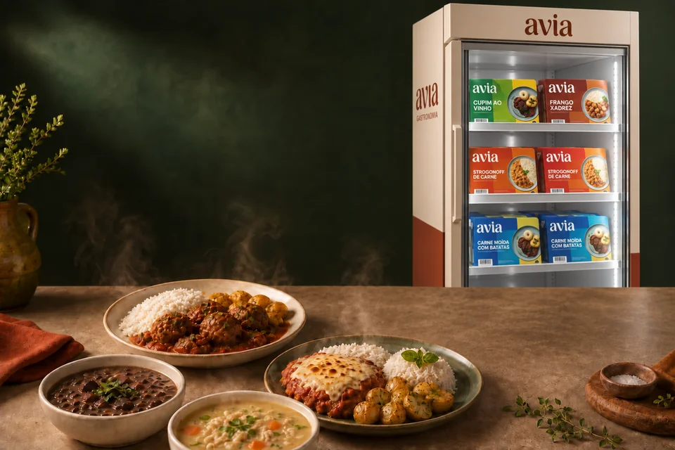 Freezer vertical Avia com marmitas, ao fundo de pratos e caldos quentes