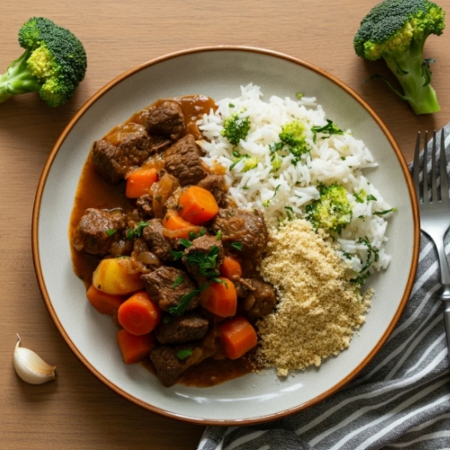 Picadinho de carne servido: com arroz e farofa