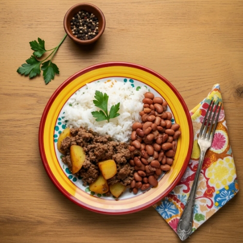 Carne moída com batatas servido: arroz e feijão carioca