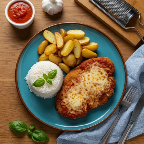 Mignon à parmegiana servido: arroz e batata ao murro