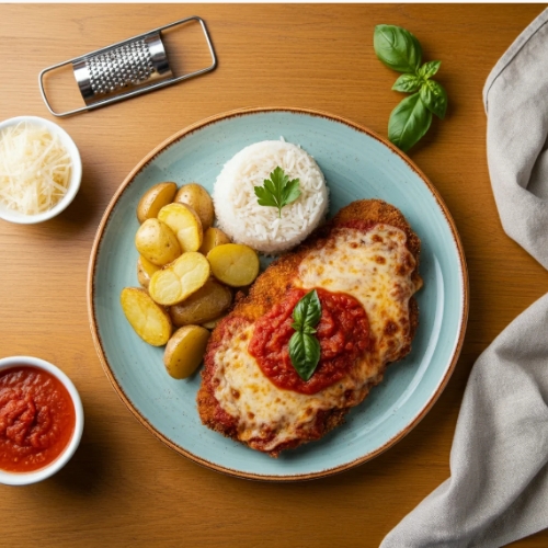 Frango à parmegiana servido: arroz e batata ao murro