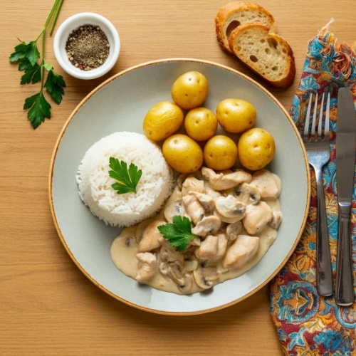 Strogonoff de frango servido: arroz e batata ao murro